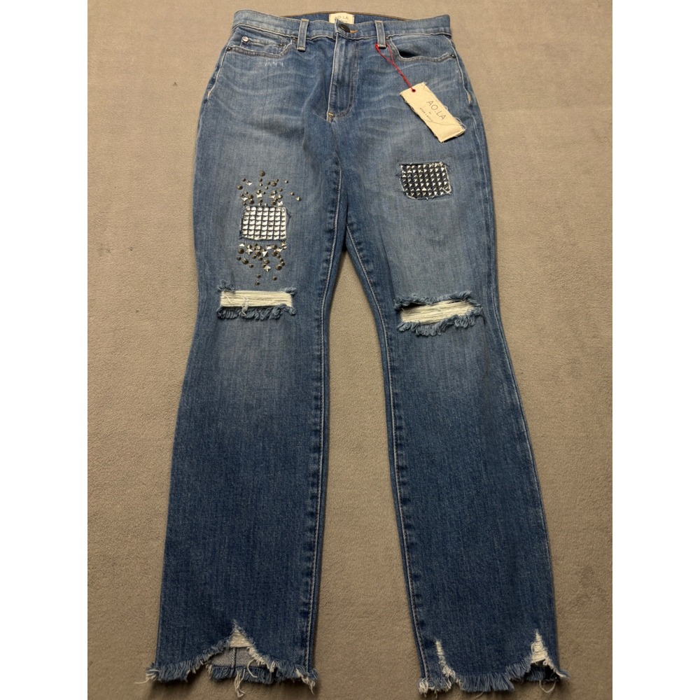 AO.LA Alice + Olivia Studded Distressed High Rise Straight Leg Jeans Blue 27